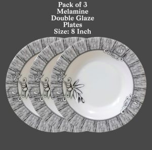 Pack of 03 Melamine Double Glaze 8 Inch Plate (Black Flower) - DWP3-04