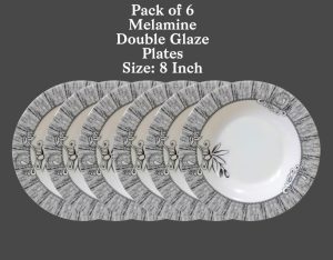 Pack of 06 Melamine Double Glaze 8 Inch Plate (Black Flower) - DWP6-04