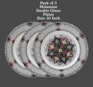 Pack of 03 Melamine Double Glaze 10 Inch Plate (Black & Red) - DWP3-02