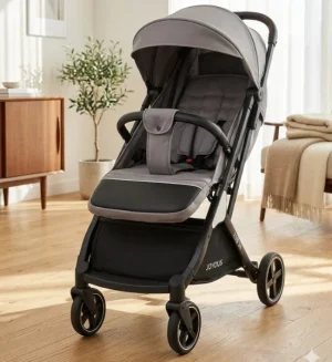 Luxury Foldable Baby Stroller/Pram - Modern Design with Safety Harness & Storage (Grey)